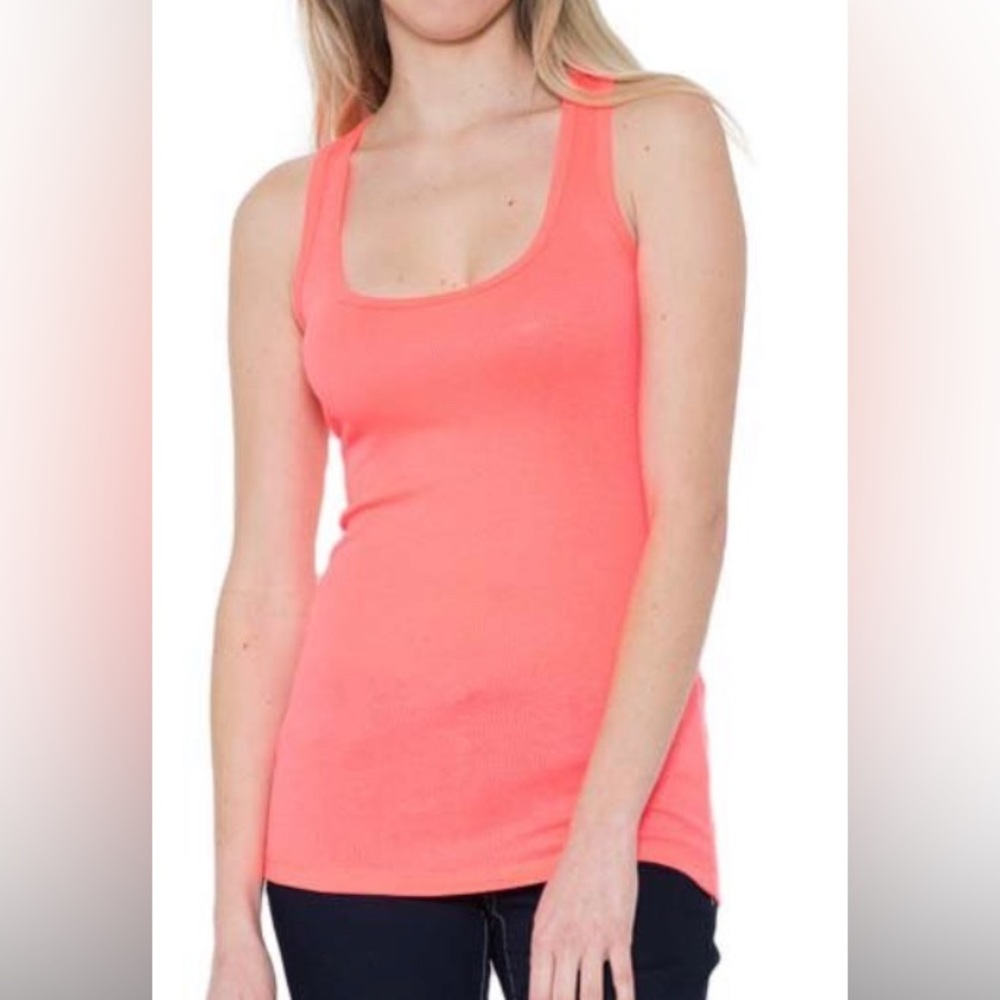 Neon Coral Ribbed Cotton Blend Tank
